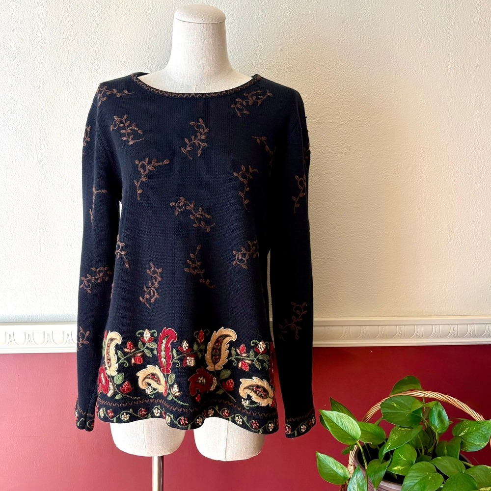 Vintage Talbots Black Embroidered Paisley Ramie Cotton‎ Sweater S Artsy Fall 90s